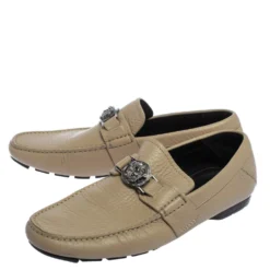 Versace Beige Leather Medusa Embellished Slip On Loafers Size 40 For Men -Versace Official Website luxury men versace used shoes p406994 006