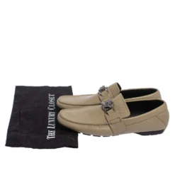 Versace Beige Leather Medusa Embellished Slip On Loafers Size 40 For Men -Versace Official Website luxury men versace used shoes p406994 008