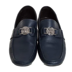 Versace Blue Leather Medusa Embellished Slip On Loafers Size 41 For Men -Versace Official Website luxury men versace used shoes p406998 004