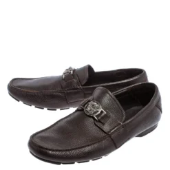 Versace Dark Brown Leather Medusa Embellished Slip On Loafers 41 For Men -Versace Official Website luxury men versace used shoes p407001 012
