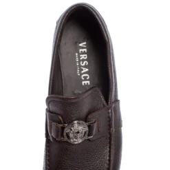 Versace Dark Brown Leather Medusa Embellished Slip On Loafers 41 For Men -Versace Official Website luxury men versace used shoes p407001 016
