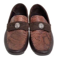 Versace Brown Leather And Python Medusa Embellished Penny Slip On Loafers Size 41 For Men -Versace Official Website luxury men versace used shoes p407003 006