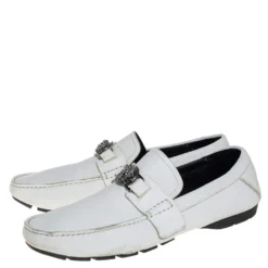 Versace White Leather Medusa Embellished Slip On Loafers Size 41 For Men -Versace Official Website luxury men versace used shoes p407010 002