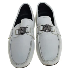 Versace White Leather Medusa Embellished Slip On Loafers Size 41 For Men -Versace Official Website luxury men versace used shoes p407010 005