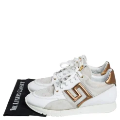 Versace White/Grey Suede And Leather Greek Key Sneakers Size 45 For Men -Versace Official Website luxury men versace used shoes p408074 001