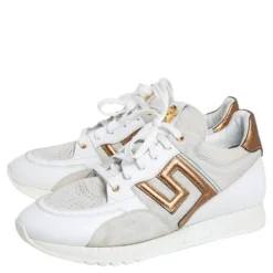 Versace White/Grey Suede And Leather Greek Key Sneakers Size 45 For Men -Versace Official Website luxury men versace used shoes p408074 002