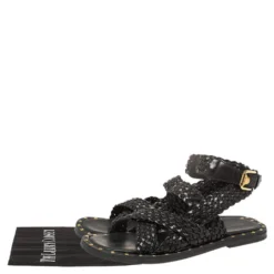Versace SS21 Black Leather Braided Sandals Size 42 For Men -Versace Official Website luxury men versace used shoes p408390 002