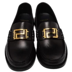 Versace Black Leather Metal Logo Slip On Loafers Size 41 For Men -Versace Official Website luxury men versace used shoes p413614 003