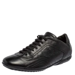 Versace Black Leather Logo Embossed Low Top Sneakers Size 40 For Men