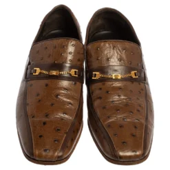 Versace Brown Ostrich Leather Medusa Chain Detail Loafers Size 43 For Men -Versace Official Website luxury men versace used shoes p433850 002