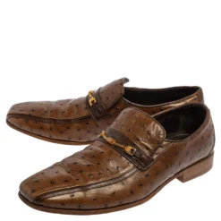 Versace Brown Ostrich Leather Medusa Chain Detail Loafers Size 43 For Men -Versace Official Website luxury men versace used shoes p433850 003