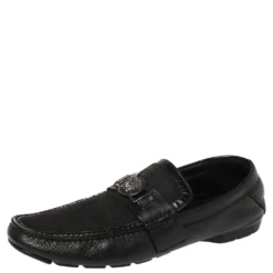 Versace Black Leather Medusa Embellished Slip On Loafers 43 For Men