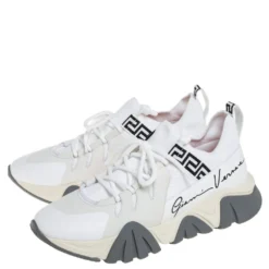 Versace White Nubuck Leather And Knit Fabric Squalo Low Top Sneakers Size 43.5 For Men -Versace Official Website luxury men versace used shoes p450884 001