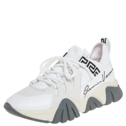 Versace White Nubuck Leather And Knit Fabric Squalo Low Top Sneakers Size 43.5 For Men