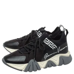 Versace Black Nubuck Leather And Knit Fabric Squalo Low Top Sneakers Size 43.5 For Men -Versace Official Website luxury men versace used shoes p450890 001