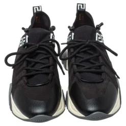 Versace Black Nubuck Leather And Knit Fabric Squalo Low Top Sneakers Size 43.5 For Men -Versace Official Website luxury men versace used shoes p450890 002