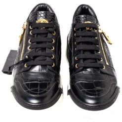 Versace Black Croc Embossed And Leather Low Top Sneakers Size 41 For Men -Versace Official Website luxury men versace used shoes p468070 005