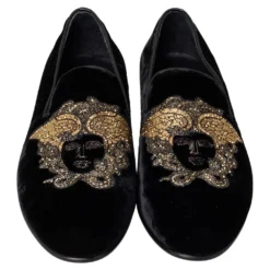 Versace Black Velvet Embroidered Medusa Smoking Slippers Size 43 For Men -Versace Official Website luxury men versace used shoes p468145 004