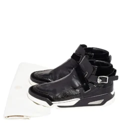 Versace Black Leather And Suede Buckle Detail High Top Sneakers Size 45 For Men -Versace Official Website luxury men versace used shoes p494736 001