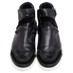 Versace Black Leather And Suede Buckle Detail High Top Sneakers Size 45 For Men -Versace Official Website luxury men versace used shoes p494736 005