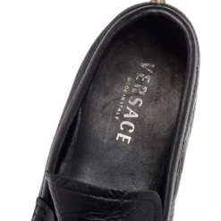 Versace Black Leather Penny Slip On Loafers Size 45 For Men -Versace Official Website luxury men versace used shoes p499815 004