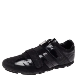 Versace Black Patent Leather And Suede Double Velcro Strap Low Top Sneakers Size 40 For Men