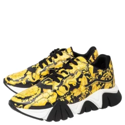 Versace Black/Yellow Barocco Print Leather Squalo Low Top Sneakers Size 43 For Men -Versace Official Website luxury men versace used shoes p533416 001