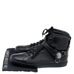 Versace Black Leather Medallion High Top Sneakers Size 44 For Men -Versace Official Website luxury men versace used shoes p551637 001