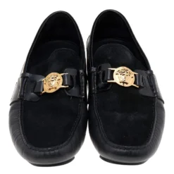 Versace Black Suede And Leather Medusa Embellished Slip On Loafers Size 44 For Men -Versace Official Website luxury men versace used shoes p562102 004