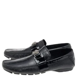 Versace Black Croc Embossed And Patent Leather Medusa Loafers Size 41 For Men -Versace Official Website luxury men versace used shoes p565802 002