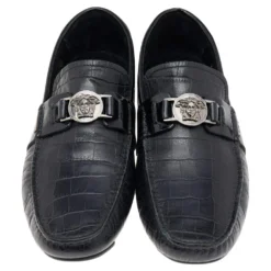 Versace Black Croc Embossed And Patent Leather Medusa Loafers Size 41 For Men -Versace Official Website luxury men versace used shoes p565802 004