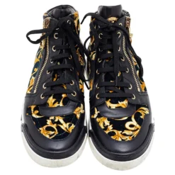 Versace Black/Gold Barocco Print Velvet And Leather Medusa High Top Sneakers Size 40.5 For Men -Versace Official Website luxury men versace used shoes p565914 004