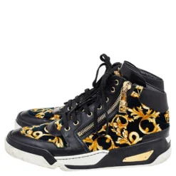 Versace Black/Gold Barocco Print Velvet And Leather Medusa High Top Sneakers Size 40.5 For Men -Versace Official Website luxury men versace used shoes p565914 006