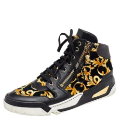 Versace Black/Gold Barocco Print Velvet And Leather Medusa High Top Sneakers Size 40.5 For Men