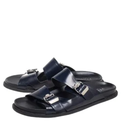 Versace Navy Blue Leather Double Buckle Strap Slide Sandals Size 44 For Men -Versace Official Website luxury men versace used shoes p568306 004