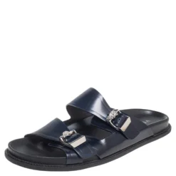 Versace Navy Blue Leather Double Buckle Strap Slide Sandals Size 44 For Men