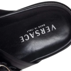 Versace Navy Blue Leather Double Buckle Strap Slide Sandals Size 44 For Men -Versace Official Website luxury men versace used shoes p568306 007