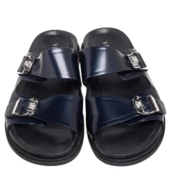 Versace Navy Blue Leather Double Buckle Strap Slide Sandals Size 44 For Men -Versace Official Website luxury men versace used shoes p568306 008