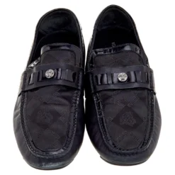 Versace Black Patent Leather And Signature Canvas Medusa Detail Slip On Loafers Size 44 For Men -Versace Official Website luxury men versace used shoes p569768 009