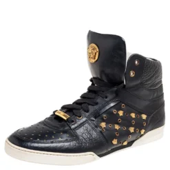 Versace Black Leather Medusa Lace High Top Sneakers Size 43 For Men