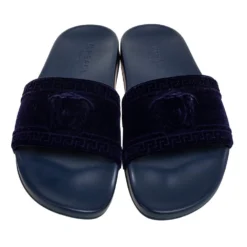 Versace Navy Blue Velvet Medusa Head Flat Slides Size 40 For Men -Versace Official Website luxury men versace used shoes p576413 004