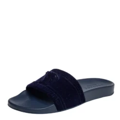 Versace Navy Blue Velvet Medusa Head Flat Slides Size 40 For Men