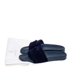 Versace Navy Blue Velvet Medusa Head Flat Slides Size 40 For Men -Versace Official Website luxury men versace used shoes p576413 009