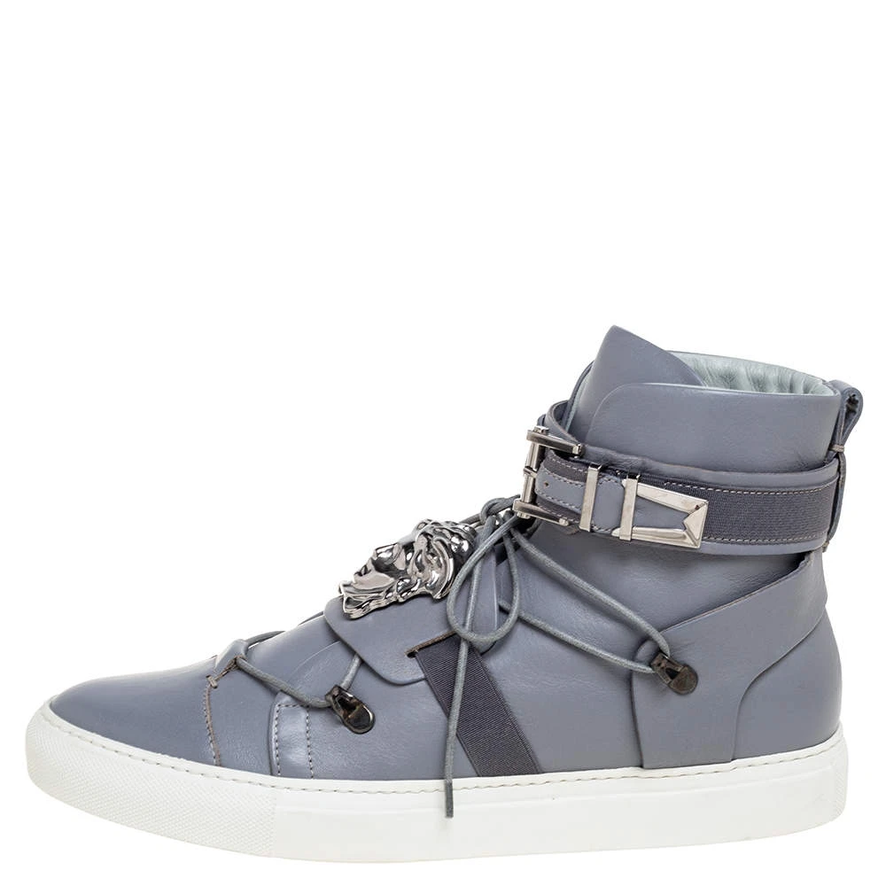 Versace Grey Leather Medusa Plaque Strap High-Top Sneakers Size 41 For Men 2 Versace Grey Leather Medusa Plaque Strap High-Top Sneakers Size 41 For Men - Image 2