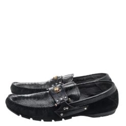 Versace Black Suede And Crocodile Leather Medusa Slip On Loafers Size 44 For Men -Versace Official Website luxury men versace used shoes p596009 001