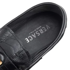 Versace Black Suede And Crocodile Leather Medusa Slip On Loafers Size 44 For Men -Versace Official Website luxury men versace used shoes p596009 003