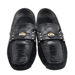 Versace Black Suede And Crocodile Leather Medusa Slip On Loafers Size 44 For Men -Versace Official Website luxury men versace used shoes p596009 006