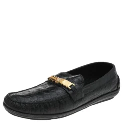 Versace Black Croc Embossed Leather Medusa Slip On Loafers Size 46 For Men