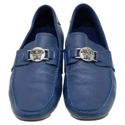 Versace Blue Leather Medusa Embellished Slip On Loafers Size 45 For Men -Versace Official Website luxury men versace used shoes p598329 005