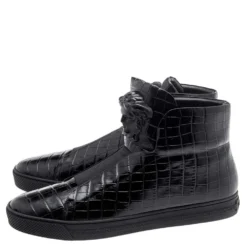 Versace Black Croc Embossed Leather Palazzo Medusa High Top Sneakers Size 44 For Men -Versace Official Website luxury men versace used shoes p603194 001